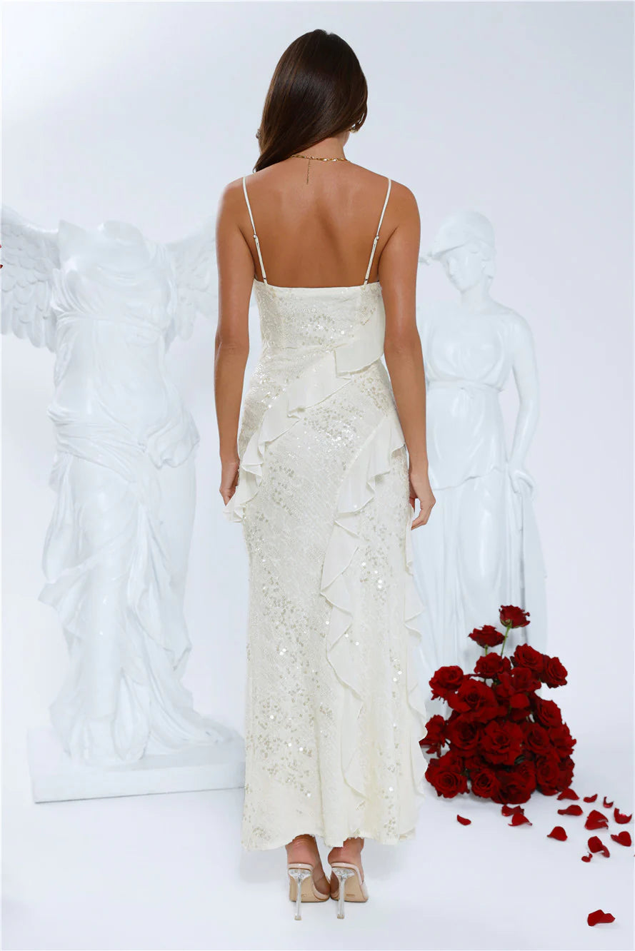 Slim-fit Sheath Cowl Neck Spaghetti Straps Ruffle Sequin Maxi Evening Dress
