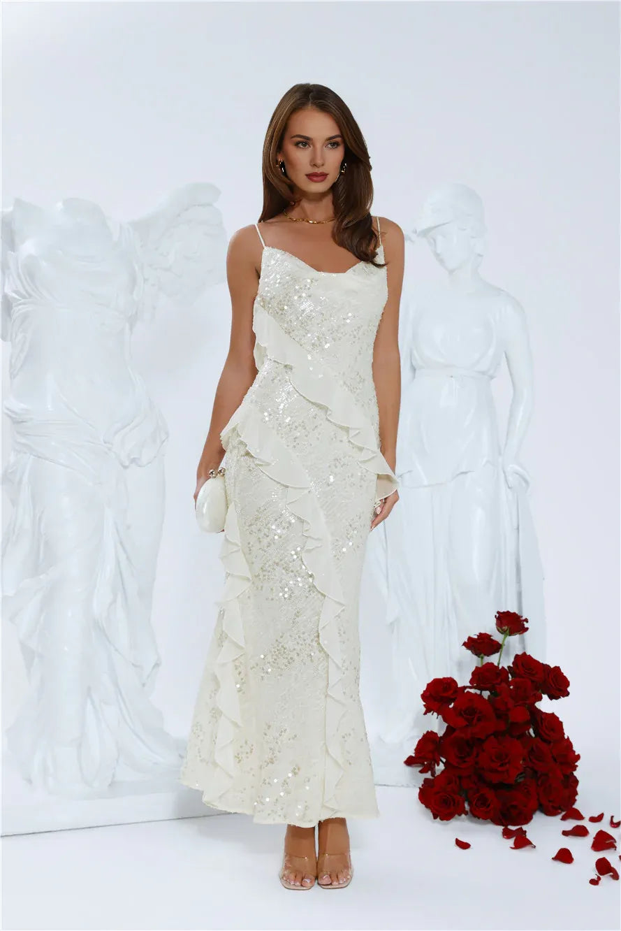 Slim-fit Sheath Cowl Neck Spaghetti Straps Ruffle Sequin Maxi Evening Dress
