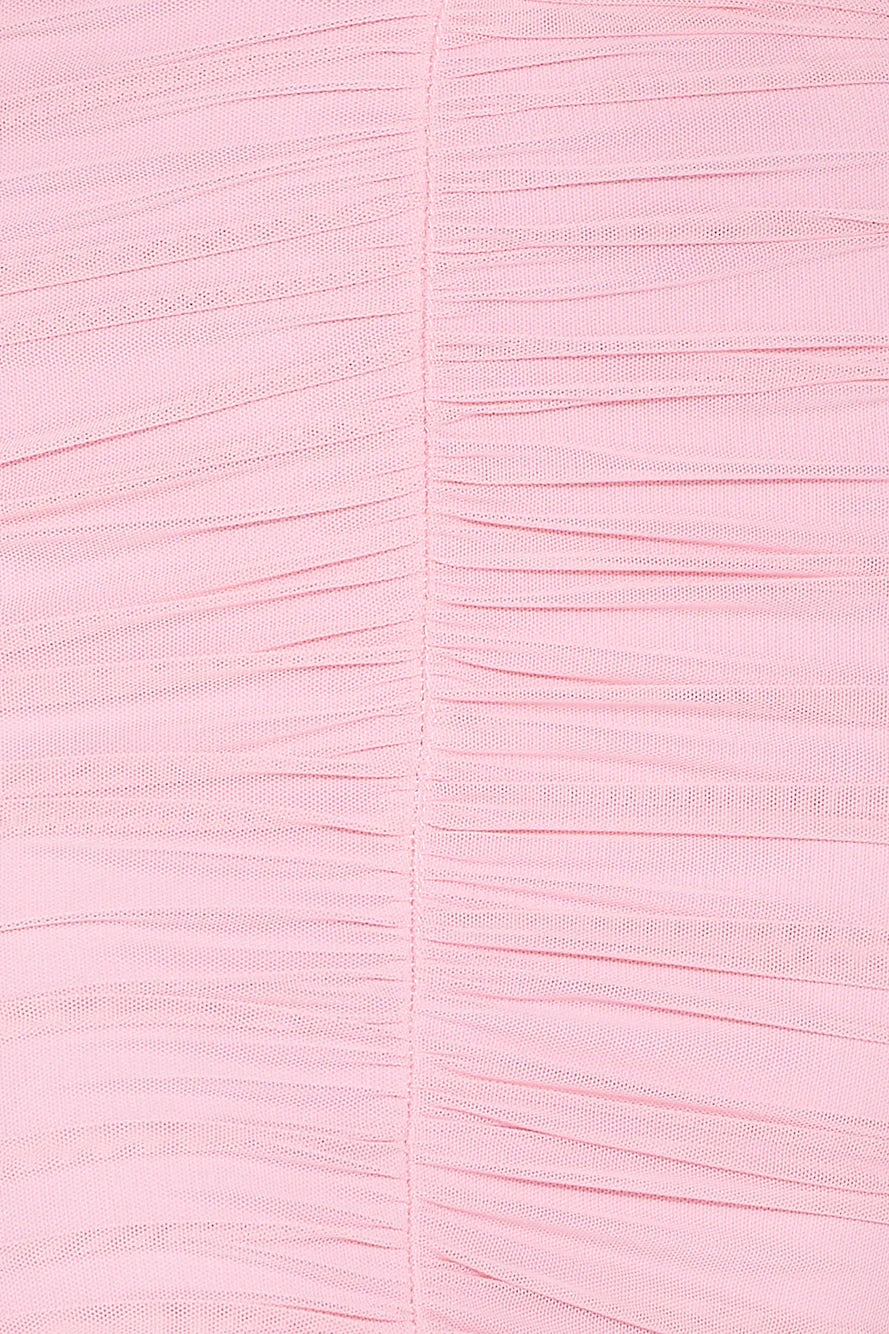 Slim-fit Sheath V Neck Pleated Tiered Ruffle Mesh Blush Maxi Evening Dress