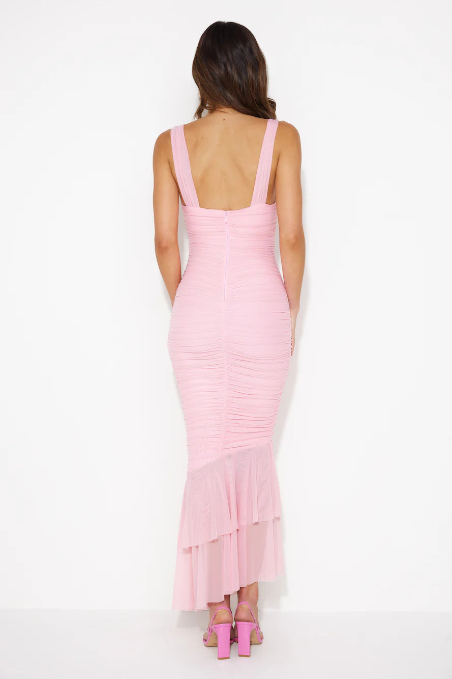 Slim-fit Sheath V Neck Pleated Tiered Ruffle Mesh Blush Maxi Evening Dress