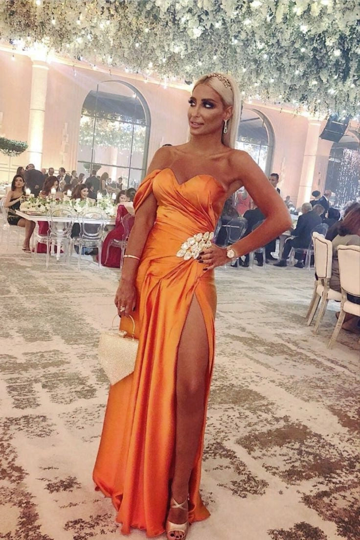 Slim Fit Luxurious Orange Satin Strapless Slit Floor Length Bridesmaid Dress With Crystal