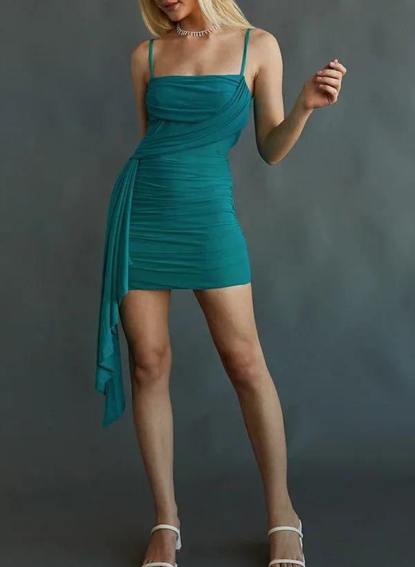 Slimming Sheath Square Neck Spaghetti Strap Ruched Teal Short Homecoming Dress