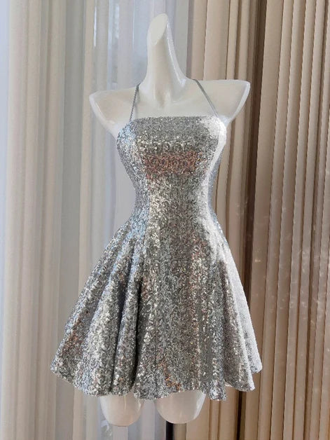 Sliver-Grey Short A-line Sequins Strap Homecoming Dress Prom Dress