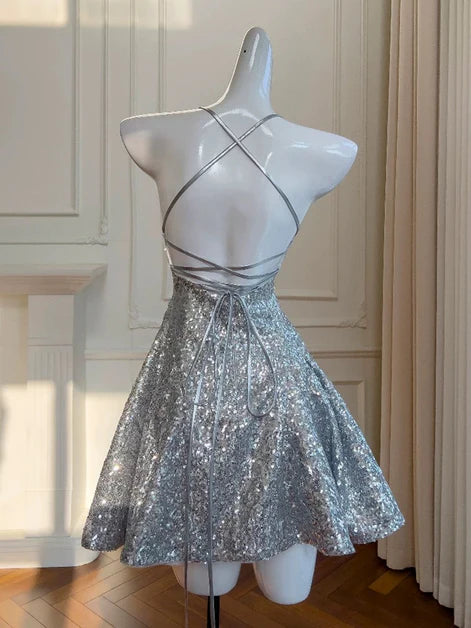 Sliver-Grey Short A-line Sequins Strap Homecoming Dress Prom Dress