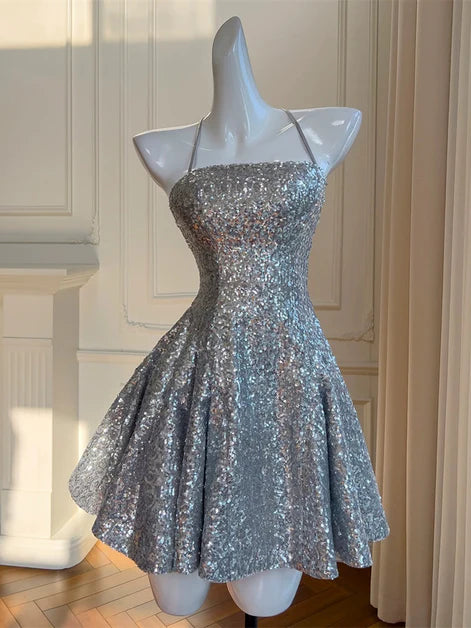 Sliver-Grey Short A-line Sequins Strap Homecoming Dress Prom Dress