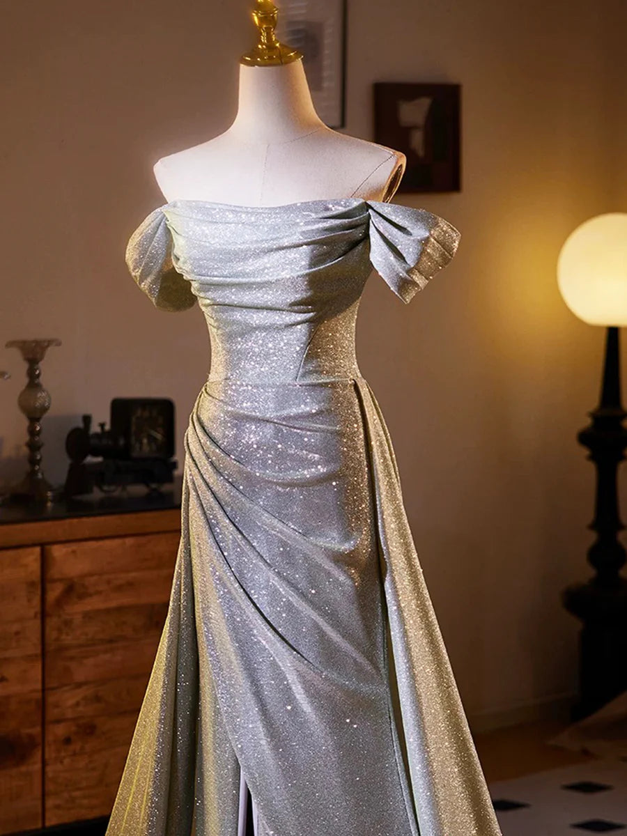 Sliver Sequins Pleated Off the Shoulder Split A-line Long Formal Dress Party Dress
