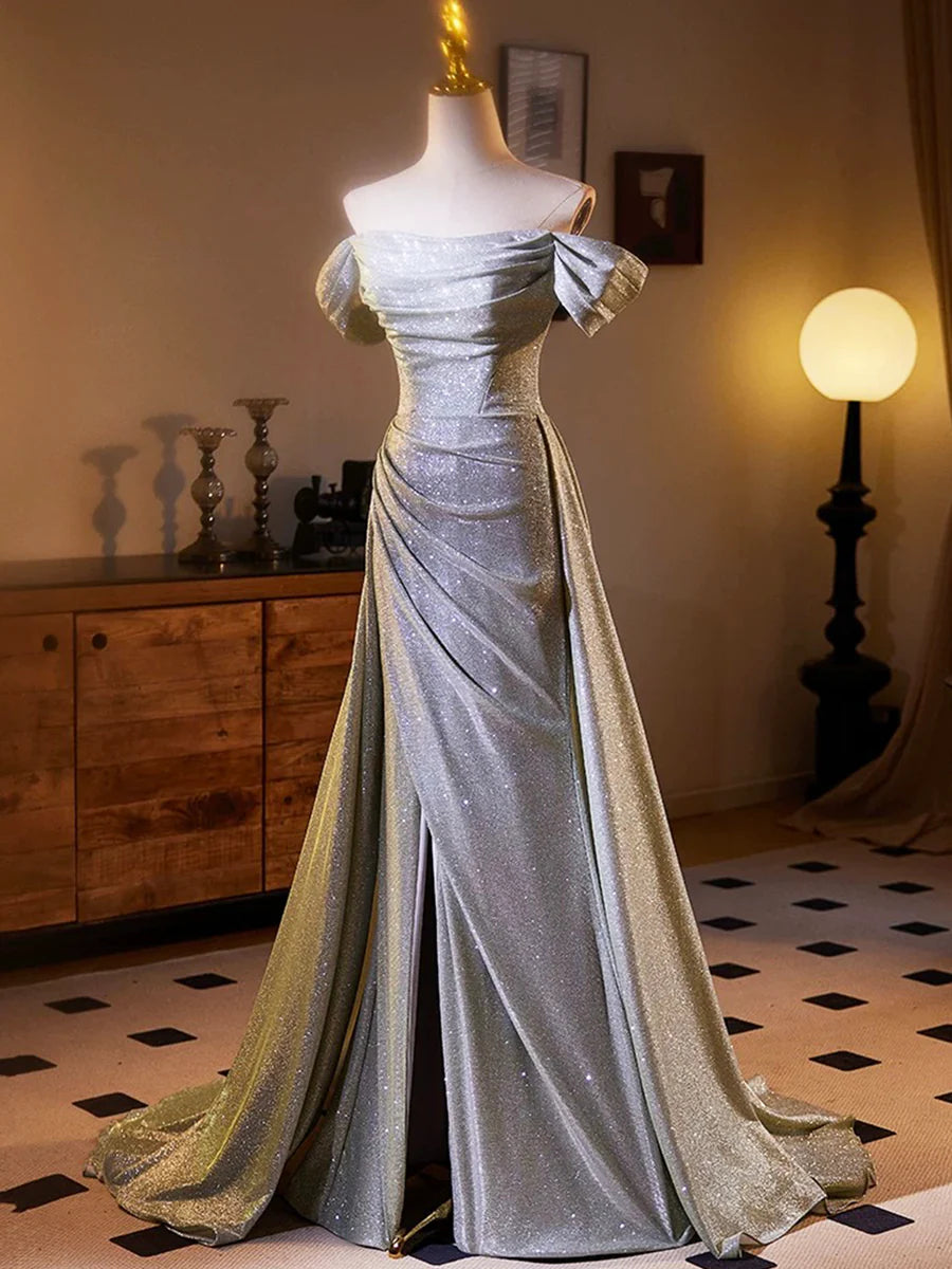 Sliver Sequins Pleated Off the Shoulder Split A-line Long Formal Dress Party Dress