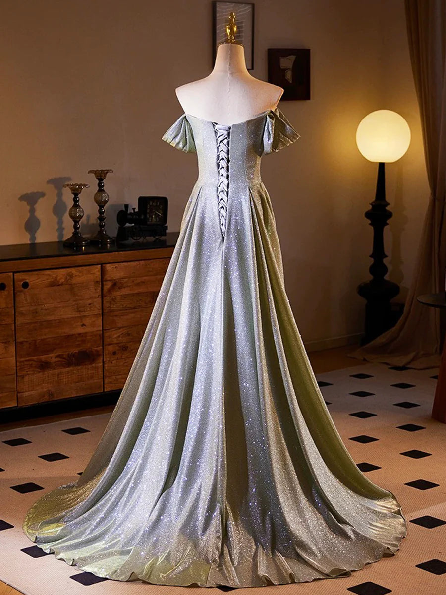 Sliver Sequins Pleated Off the Shoulder Split A-line Long Formal Dress Party Dress