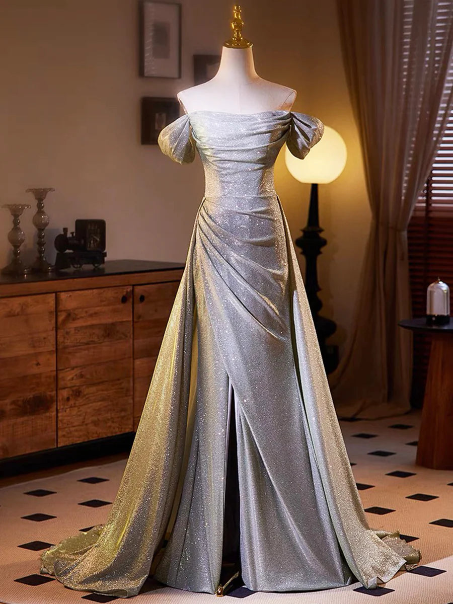 Sliver Sequins Pleated Off the Shoulder Split A-line Long Formal Dress Party Dress
