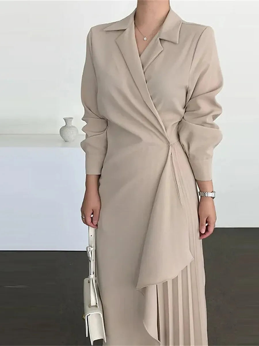 Sophisticated A-Line Blazer Collar Long Sleeve Pleated Apricot Maxi Evening Dress for Women Ready to Ship