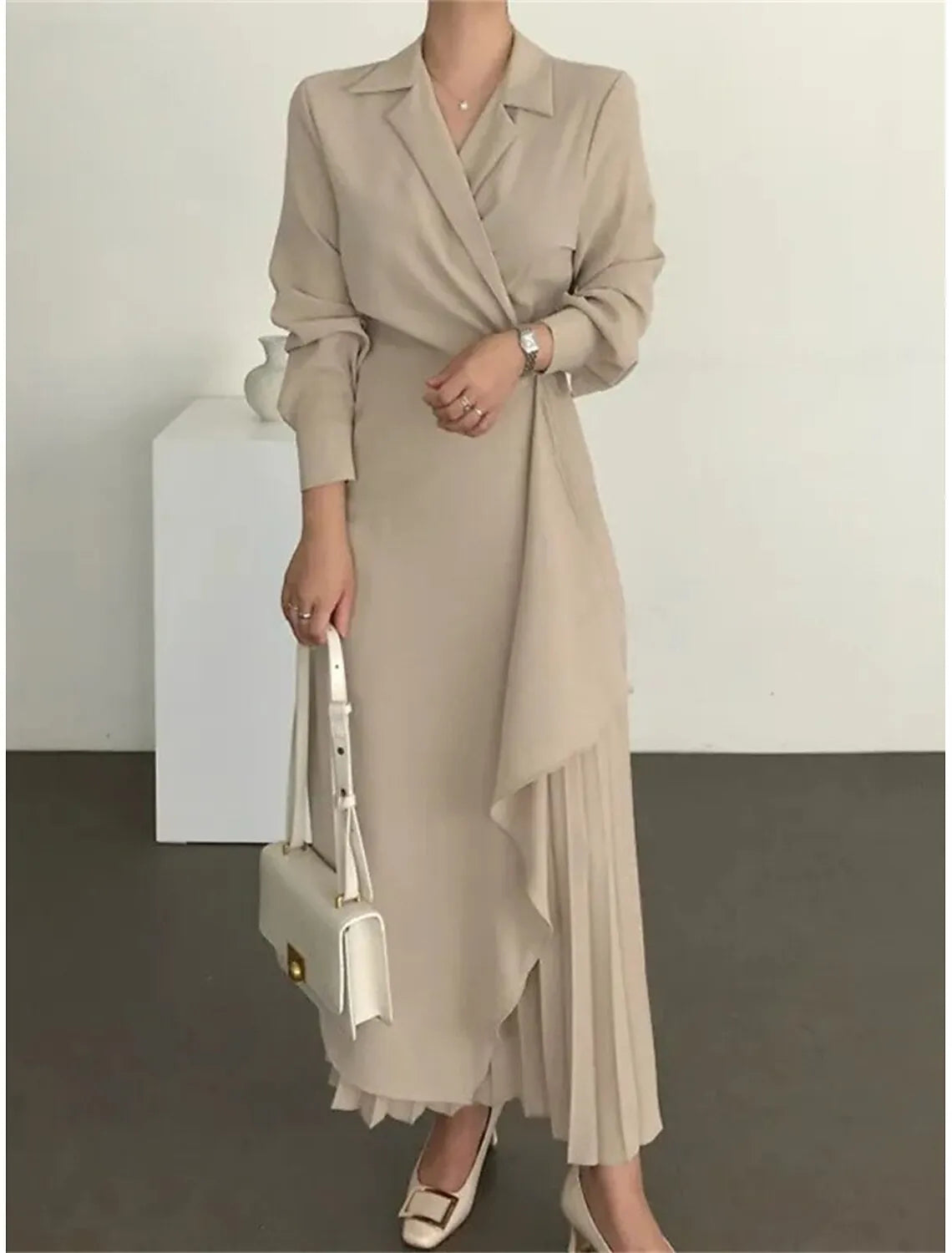 Sophisticated A-Line Blazer Collar Long Sleeve Pleated Apricot Maxi Evening Dress for Women Ready to Ship