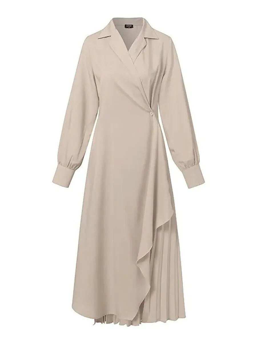 Sophisticated A-Line Blazer Collar Long Sleeve Pleated Apricot Maxi Evening Dress for Women Ready to Ship