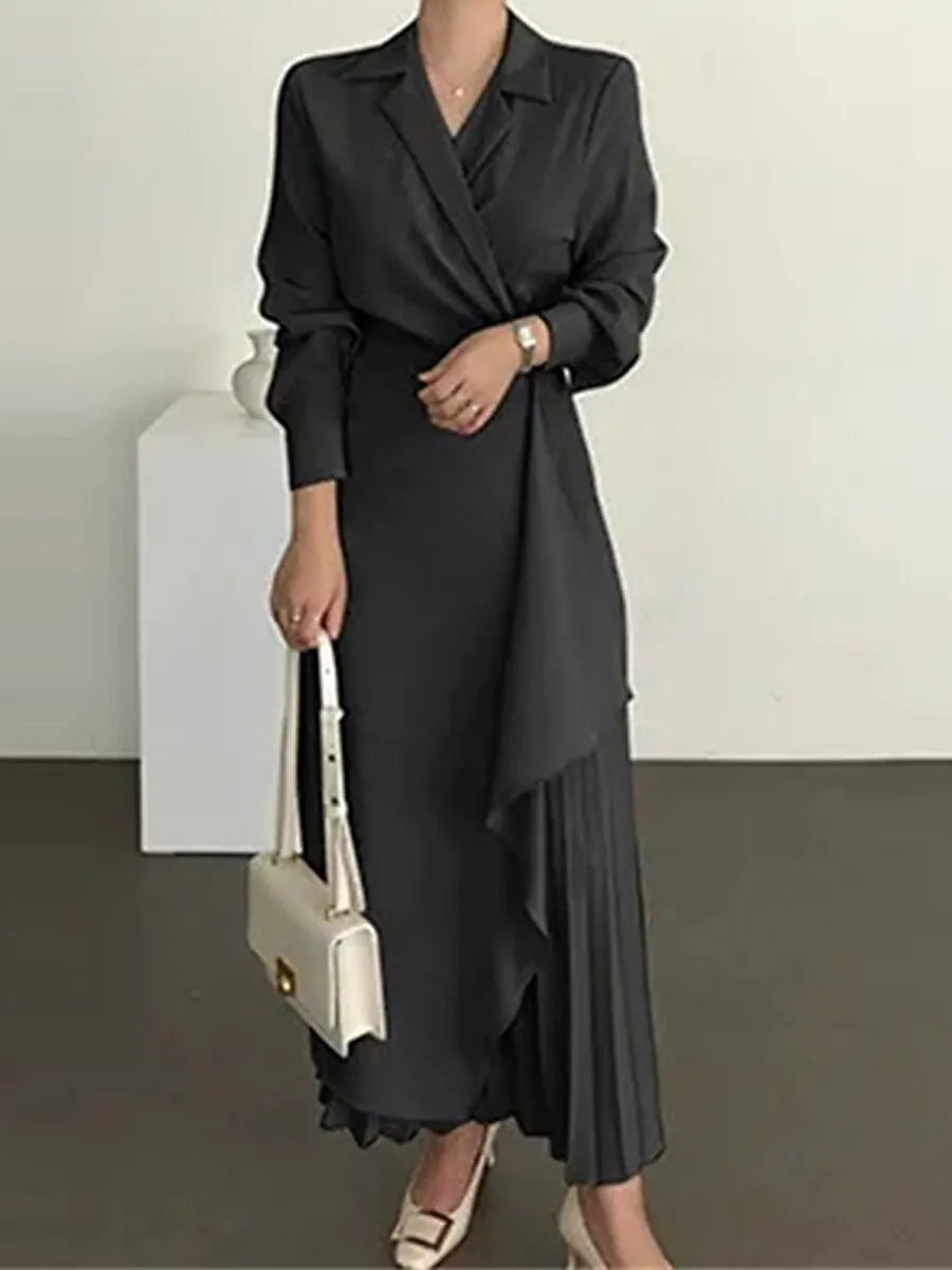 Sophisticated A-Line Blazer Collar Long Sleeve Pleated Apricot Maxi Evening Dress for Women Ready to Ship