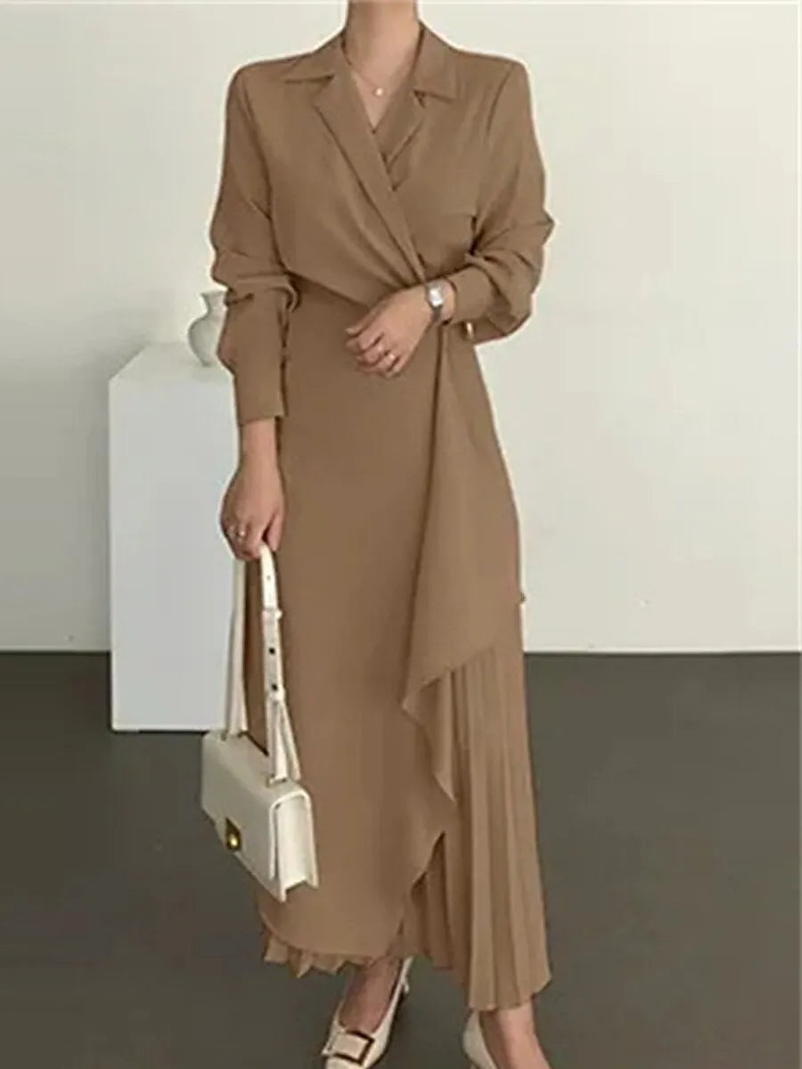 Sophisticated A-Line Blazer Collar Long Sleeve Pleated Apricot Maxi Evening Dress for Women Ready to Ship