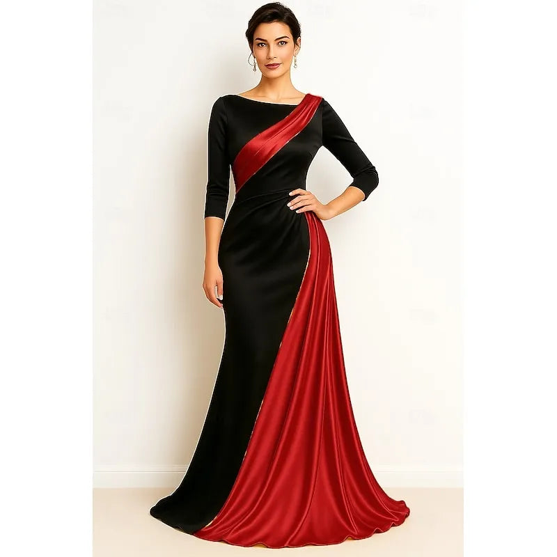 Sophisticated Mermaid Boat Neck Colorblock Black Gold Floor Length Prom Dress