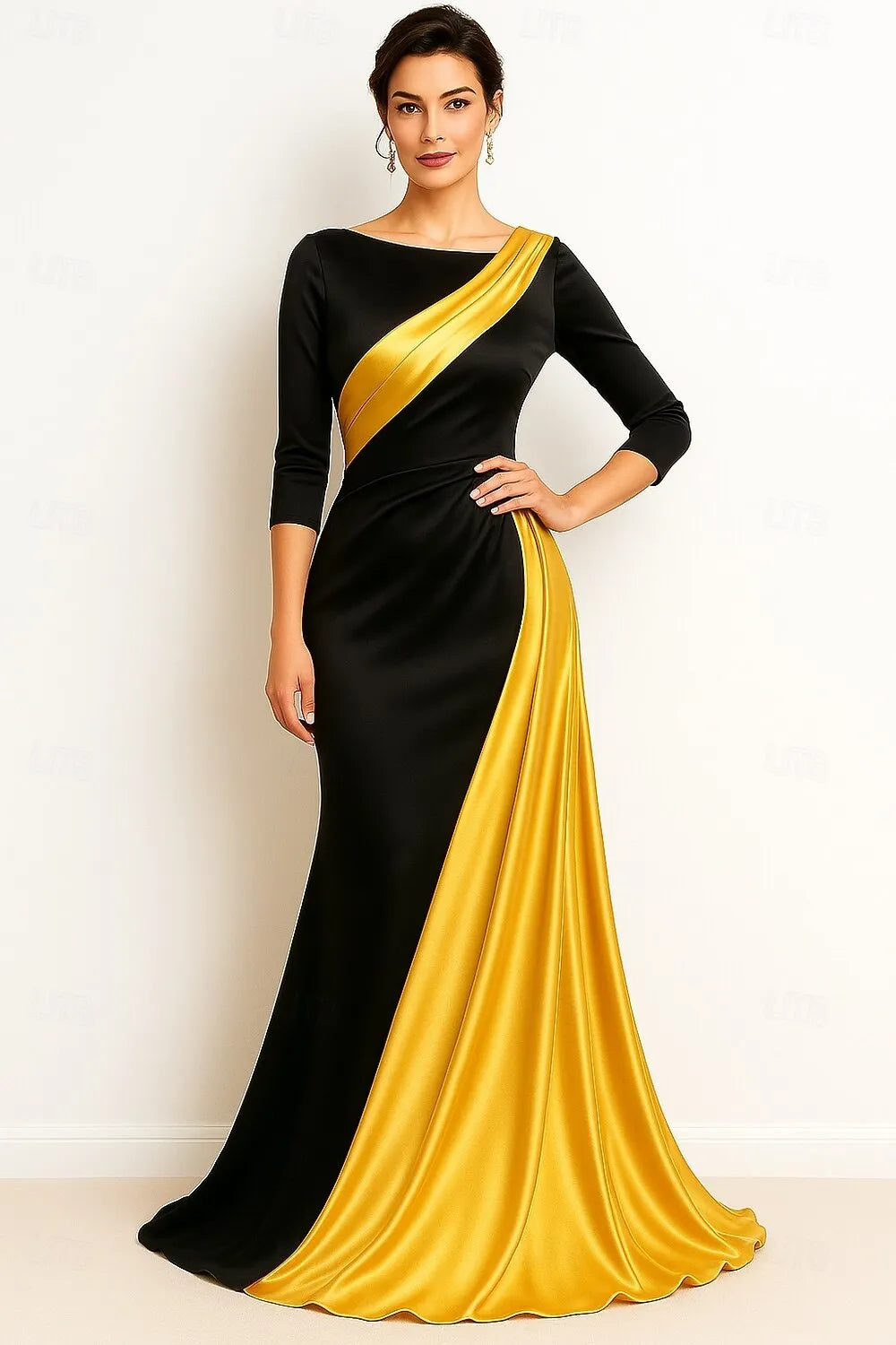 Sophisticated Mermaid Boat Neck Colorblock Black Gold Floor Length Prom Dress