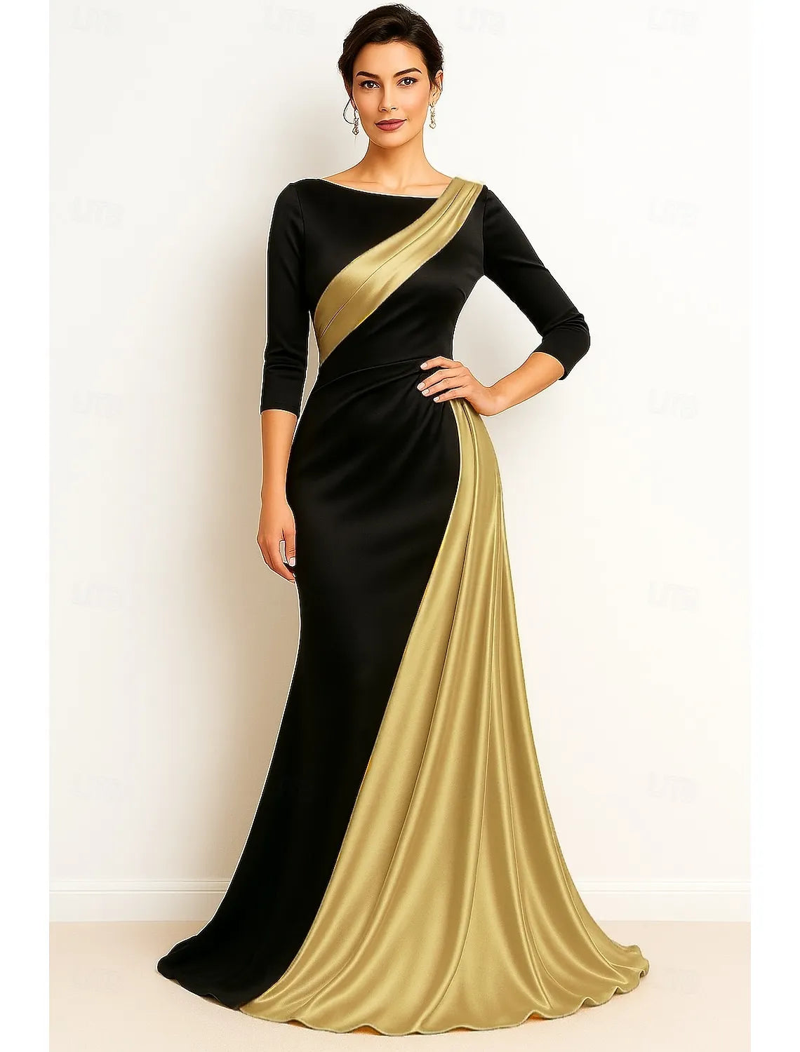 Sophisticated Mermaid Boat Neck Colorblock Black Gold Floor Length Prom Dress