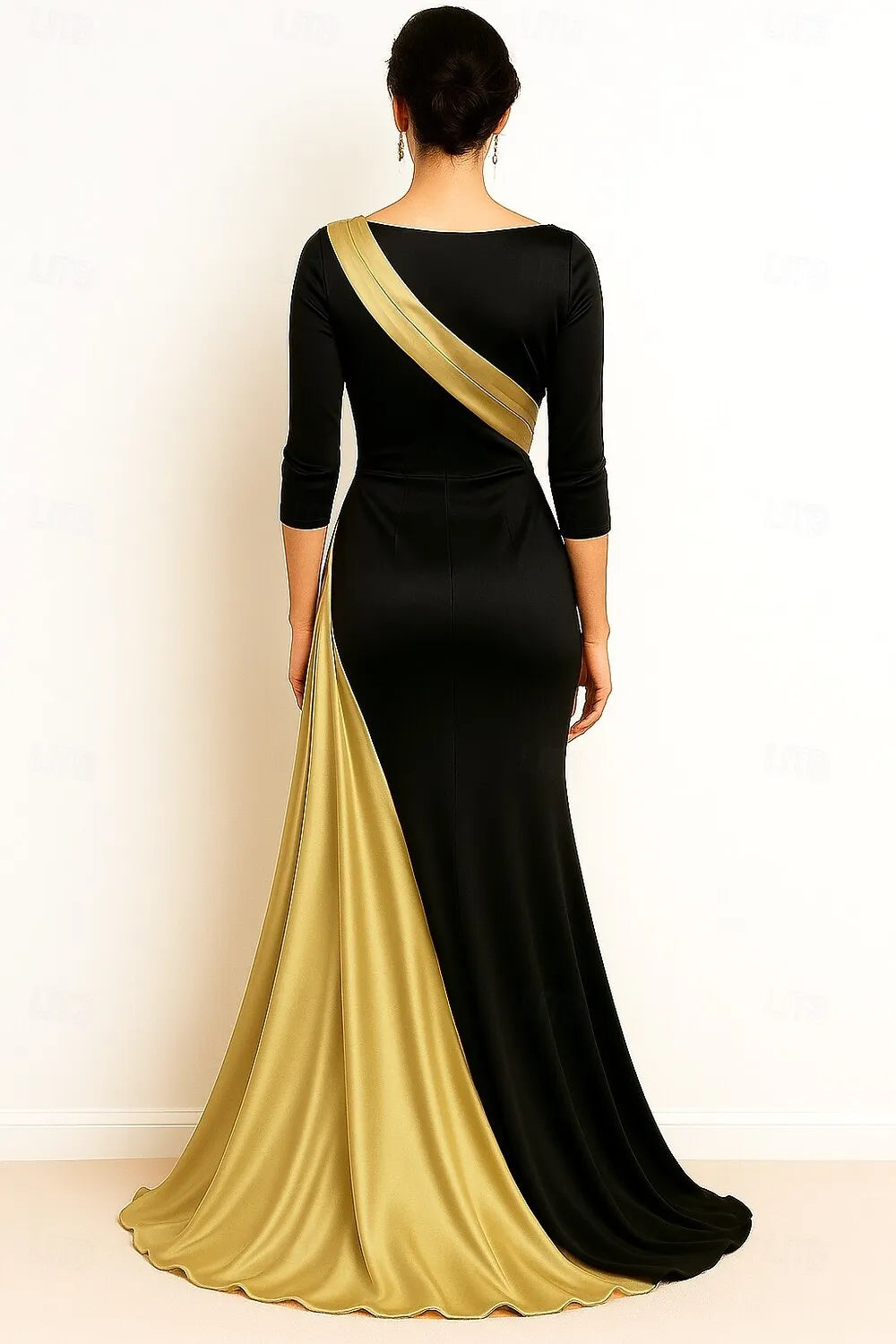 Sophisticated Mermaid Boat Neck Colorblock Black Gold Floor Length Prom Dress
