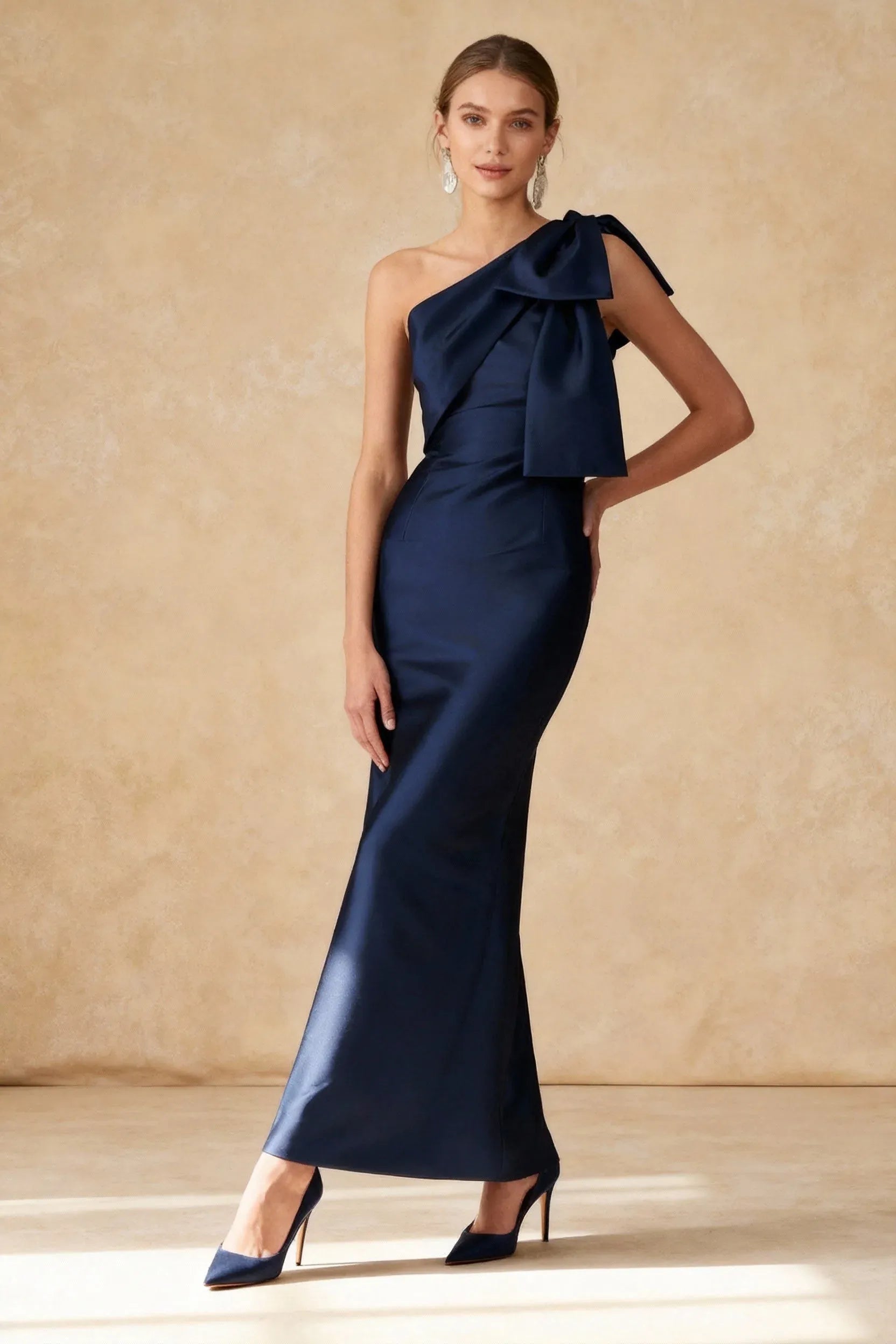 Sophisticated Mermaid One-Shoulder Bow Navy Floor-Length Prom Dress With Back Slit