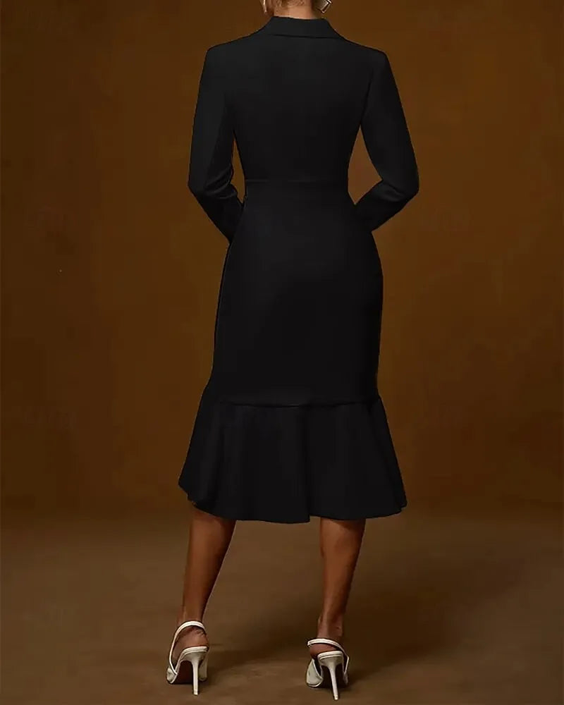 Sophisticated Sheath Blazer-neck Long-sleeve Ruffled Apricot Midi Evening Dress for Women Hot Sale