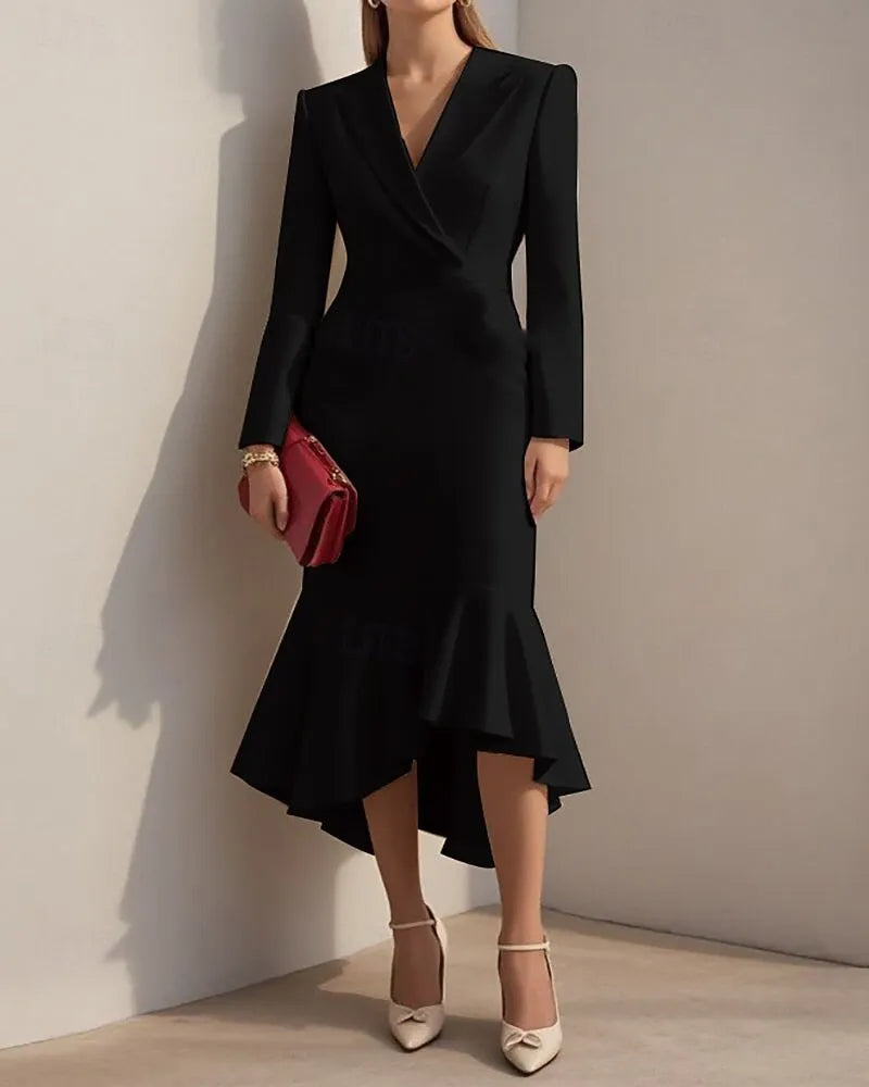 Sophisticated Sheath Blazer-neck Long-sleeve Ruffled Apricot Midi Evening Dress for Women Hot Sale