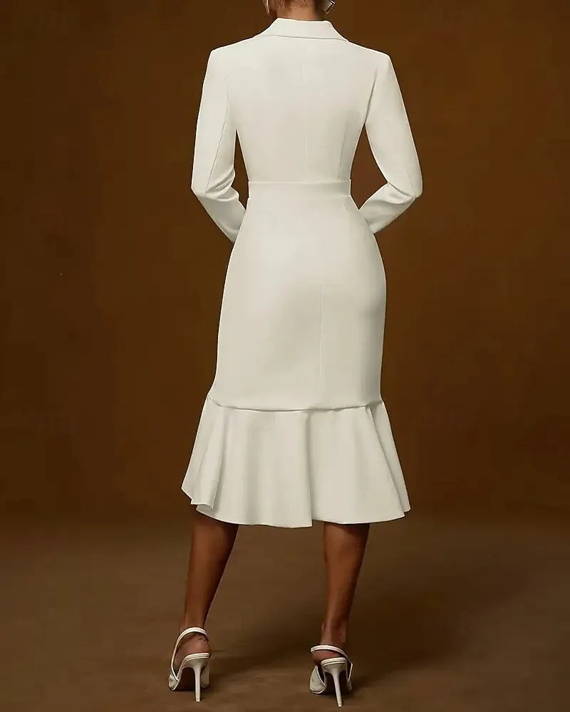 Sophisticated Sheath Blazer-neck Long-sleeve Ruffled Apricot Midi Evening Dress for Women Hot Sale