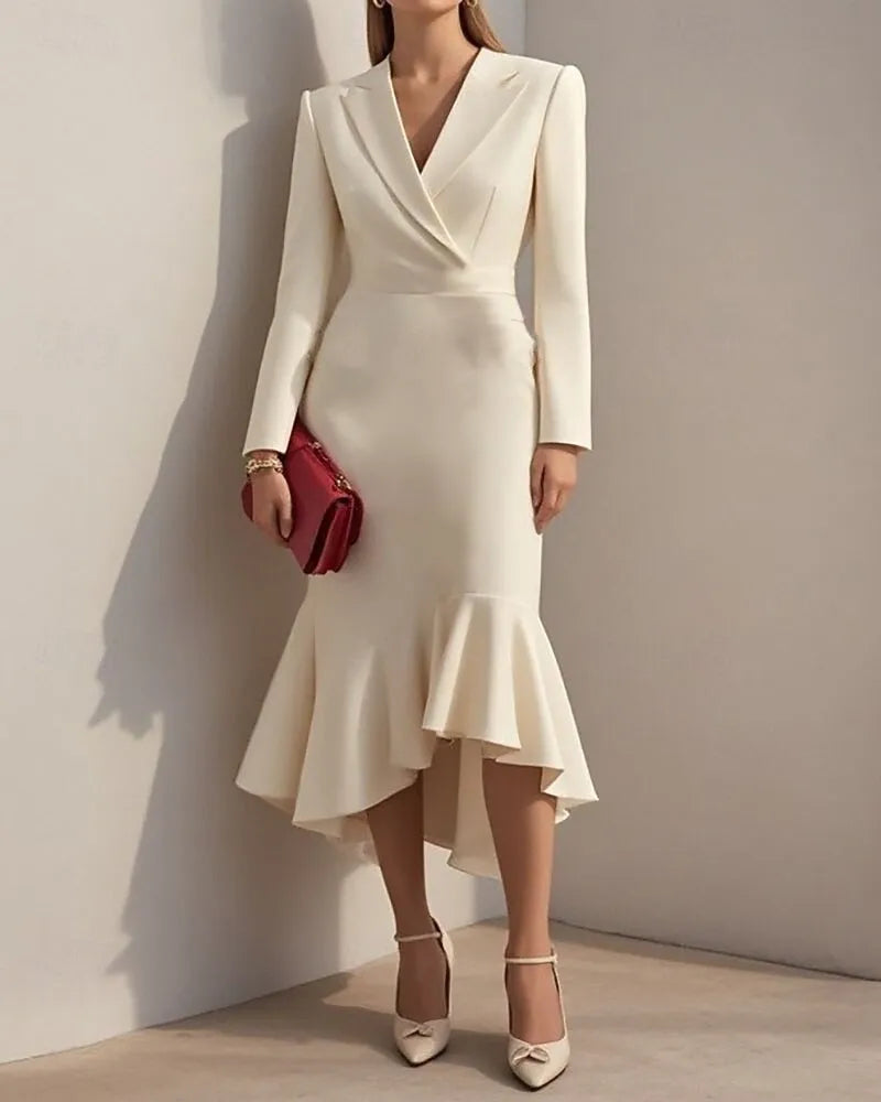 Sophisticated Sheath Blazer-neck Long-sleeve Ruffled Apricot Midi Evening Dress for Women Hot Sale