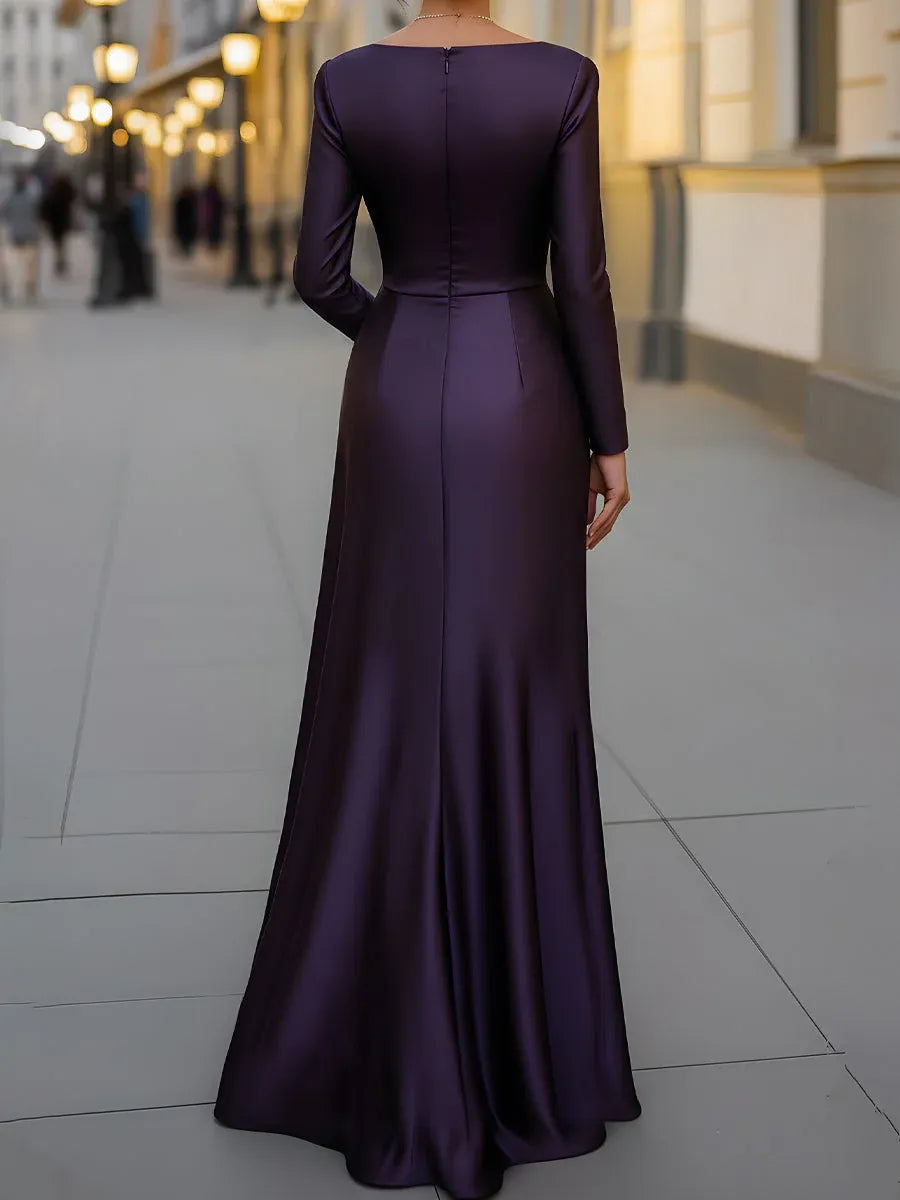 Sophisticated Sheath Boat Neck Long Sleeve Ruched Plum Floor-Length Prom Dresses