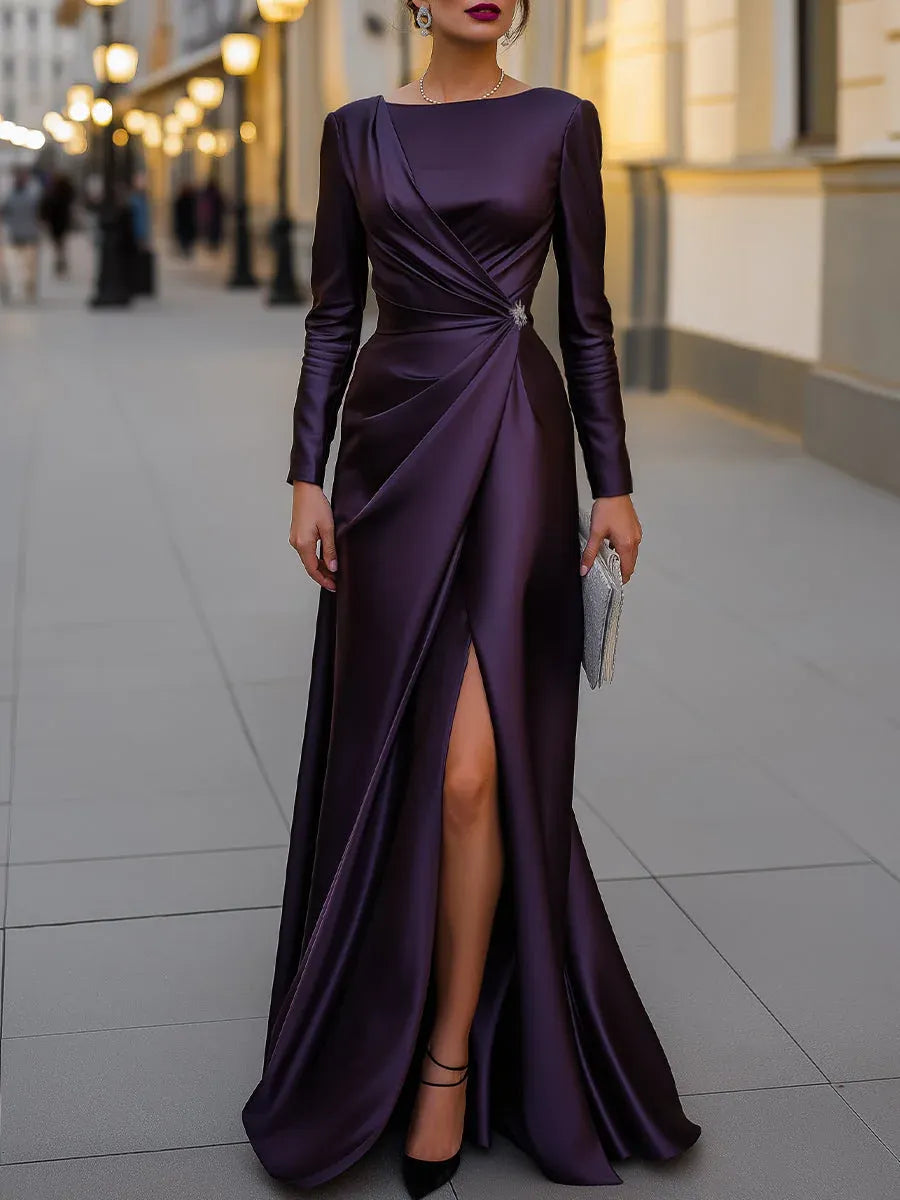 Sophisticated Sheath Boat Neck Long Sleeve Ruched Plum Floor-Length Prom Dresses