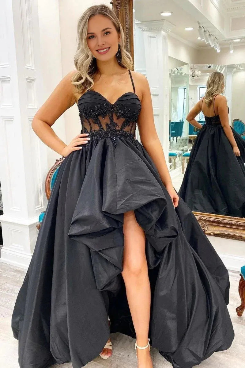 Spaghetti Straps Appliques Bubble Hem Black Hi-Low Evening Dress