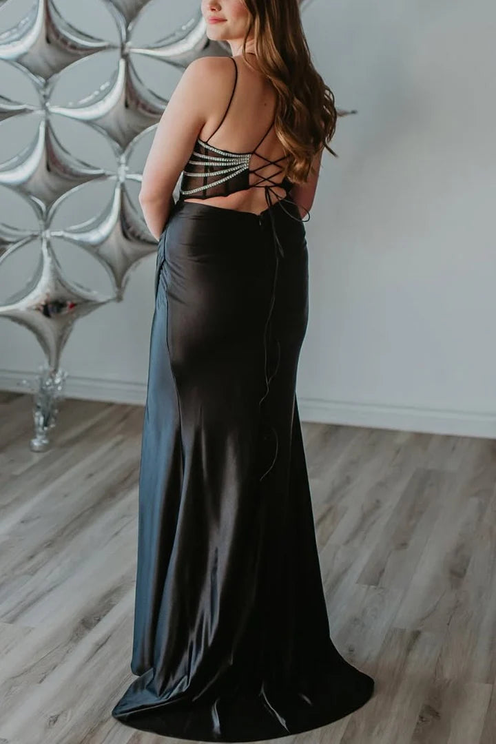 Spaghetti Straps Beads Sweetheart Pleats Mermaid Prom Dress with Slit