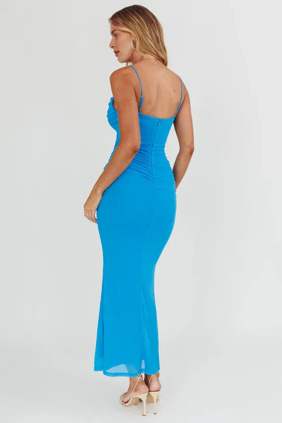 Spaghetti Straps Bodycon Ruched Waist Mesh Blue Maxi Evening Dress