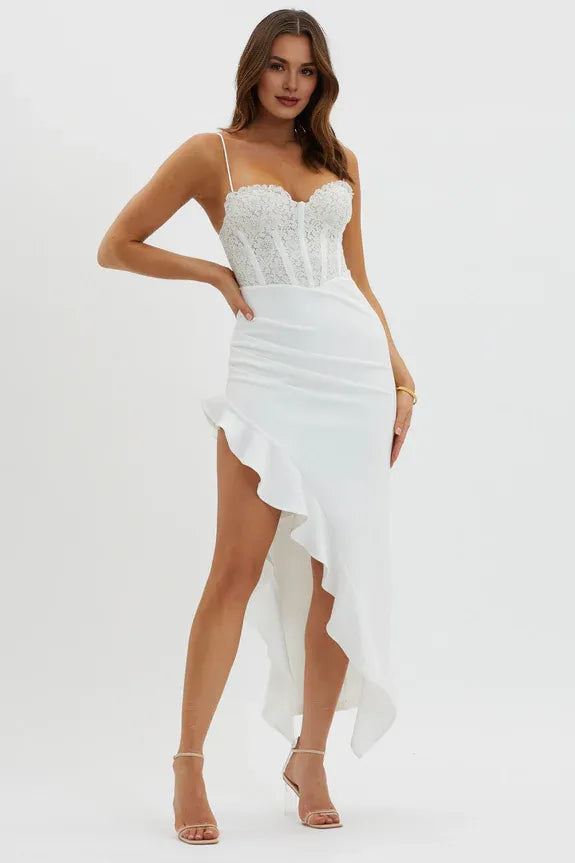 Spaghetti Straps Bodycon Ruffle Lace Bodice Split White Evening Dress