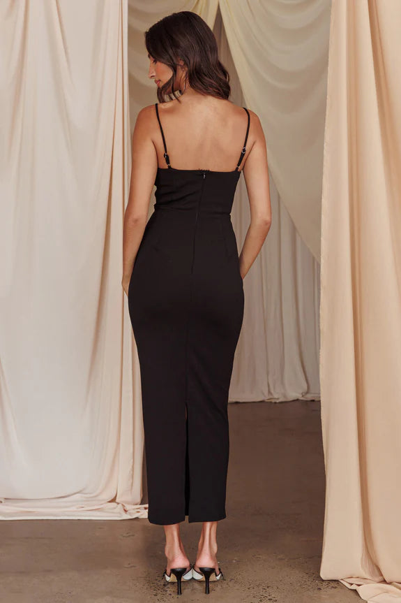 Spaghetti Straps Bow Bust Slim Black Midi Evening Dress With Back Slit