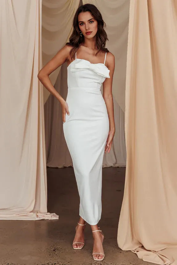 Spaghetti Straps Bow Bust Slim White Midi Evening Dress With Back Slit