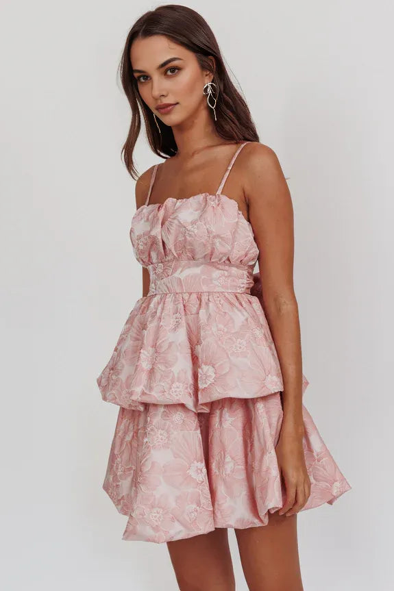 Spaghetti Straps Bow Jacquard Pink Homecoming Dress With Tiered Bubble Hem