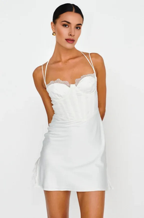 Spaghetti Straps Bustier Satin White Mini Homecoming Dress Party Dress