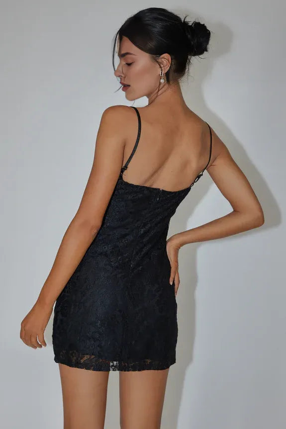 Spaghetti Straps Button Satin Trim Lace Black Mini Homecoming Dress