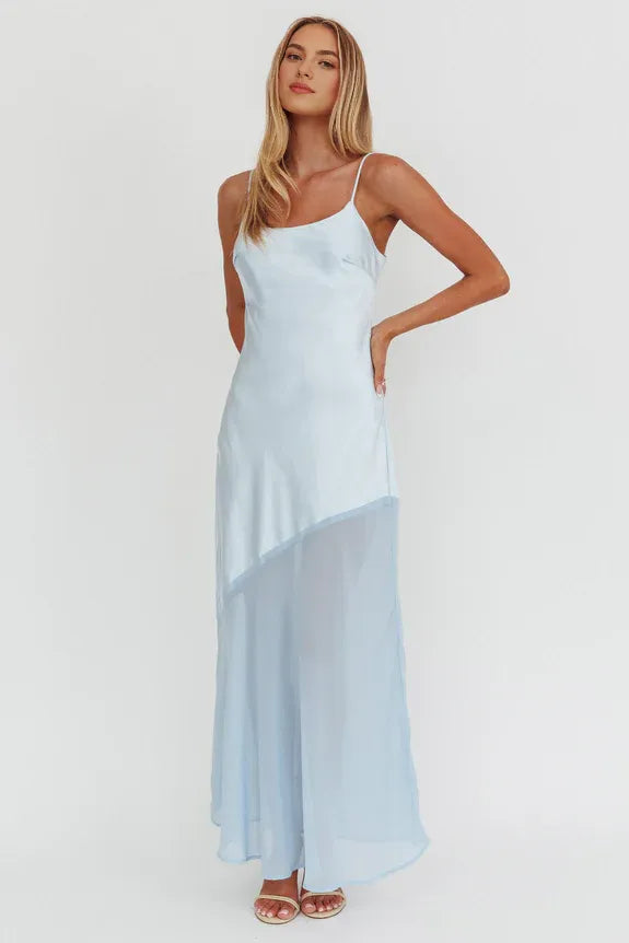 Spaghetti Straps Chiffon Hem Baby Blue Maxi Homecoming Dress Prom Dress