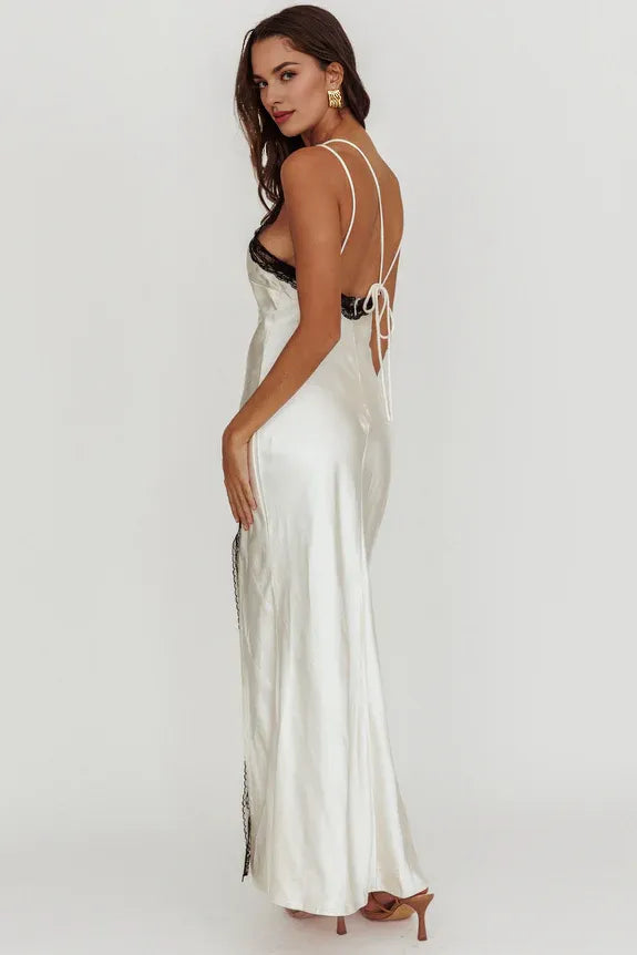 Spaghetti Straps Contrast Lace Trim Slit Satin Oyster Maxi Evening Dress