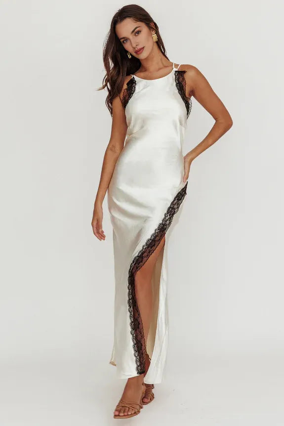 Spaghetti Straps Contrast Lace Trim Slit Satin Oyster Maxi Evening Dress