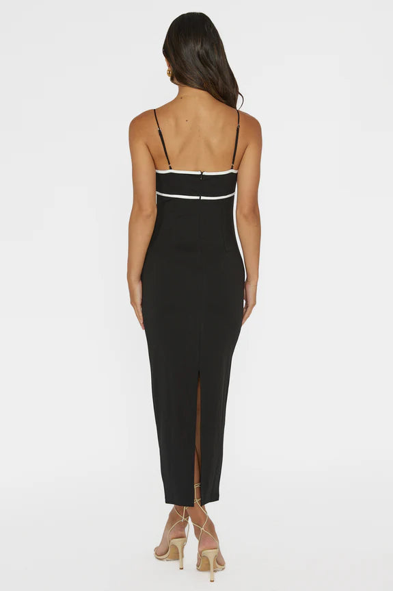 Spaghetti Straps Contrast Piping Trim Black Midi Evening Dress With Back Slit