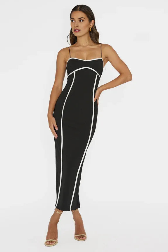 Spaghetti Straps Contrast Piping Trim Black Midi Evening Dress With Back Slit