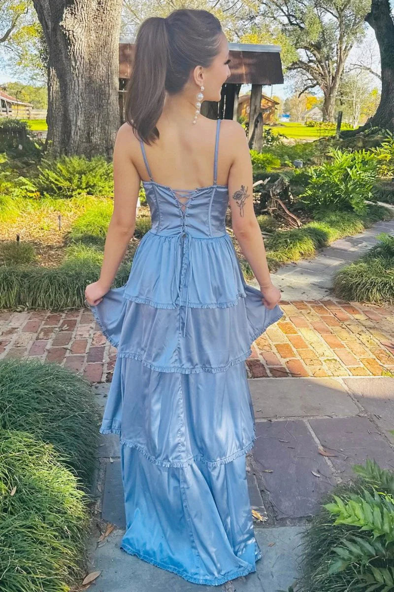 Spaghetti Straps Corset Multi-Layer Ruffle Satin Blue Long Prom Dress
