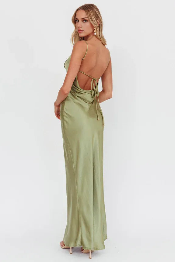 Spaghetti Straps Cowl Back Rosette Olive Maxi Homecoming Dress Prom Dress