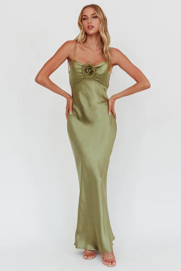 Spaghetti Straps Cowl Back Rosette Olive Maxi Homecoming Dress Prom Dress