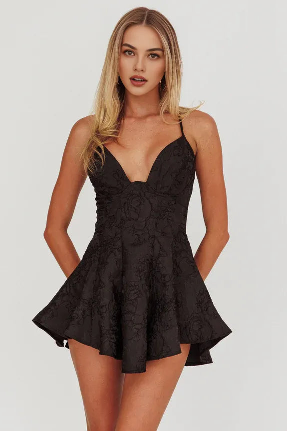 Spaghetti Straps Crossover Straps Ruffle Jacquard Black Mini Homecoming Dress
