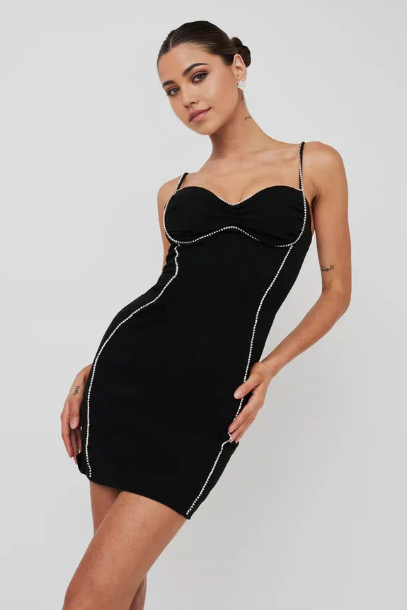 Spaghetti Straps Diamante Trim Bodycon Black Mini Homecoming Dress