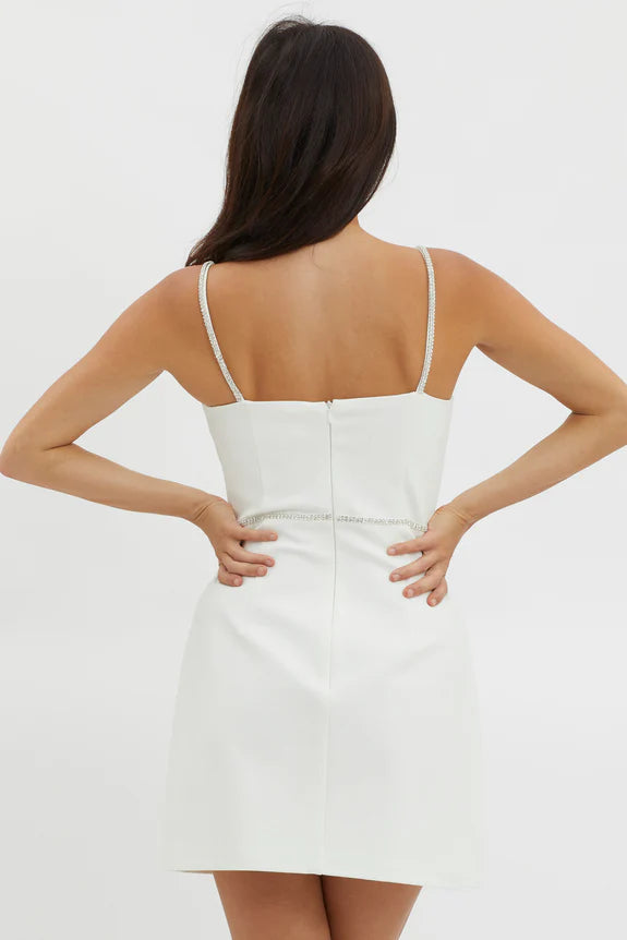 Spaghetti Straps Diamante Trim Off White Mini Homecoming Dress With Bow