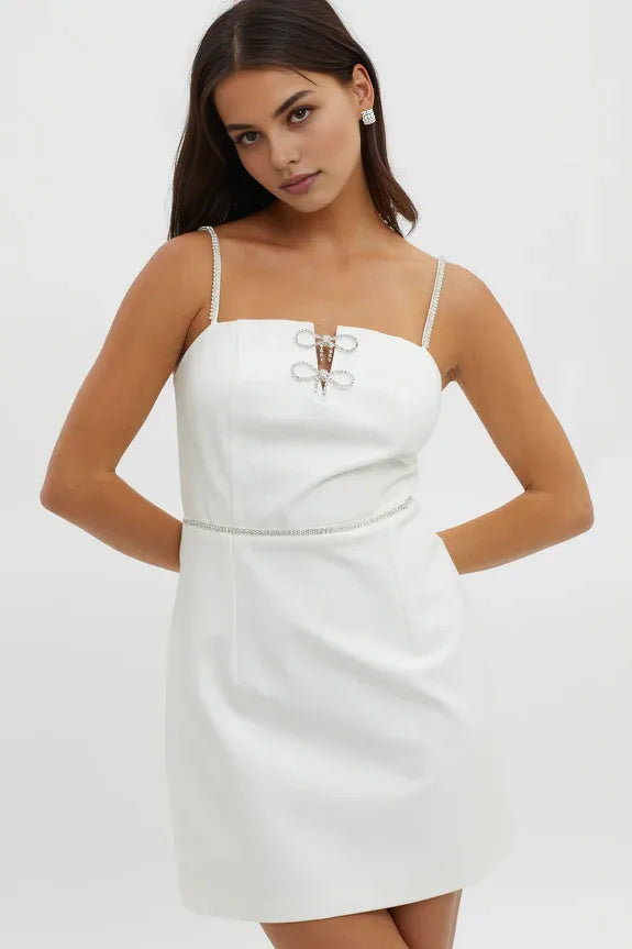 Spaghetti Straps Diamante Trim Off White Mini Homecoming Dress With Bow